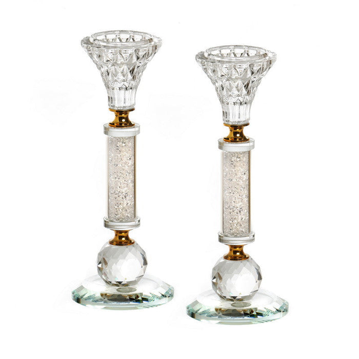 Pair Crystal Candlesticks-Silver Chips-Gold Design 8"H (CS-X3137K)