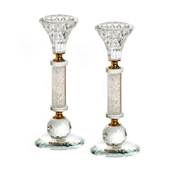 Pair Crystal Candlesticks-Silver Chips-Gold Design 8"H