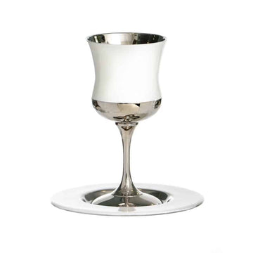 Silverplate/White  Kiddush Cup on Stem W/ Plate (KC-X3951)