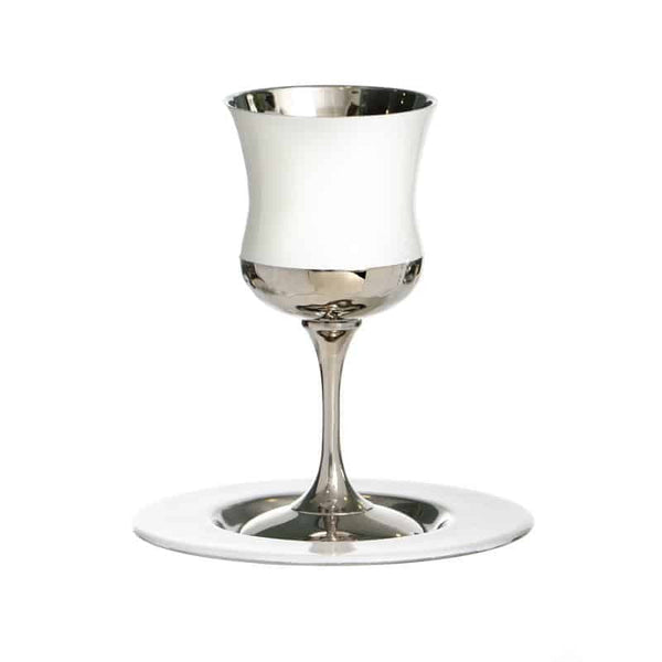 Silverplate/White  Kiddush Cup on Stem W/ Plate (KC-X3951)