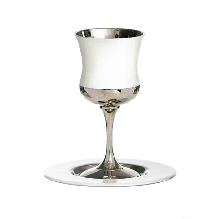 Silverplate/White  Kiddush Cup on Stem W/ Plate (KC-X3951)