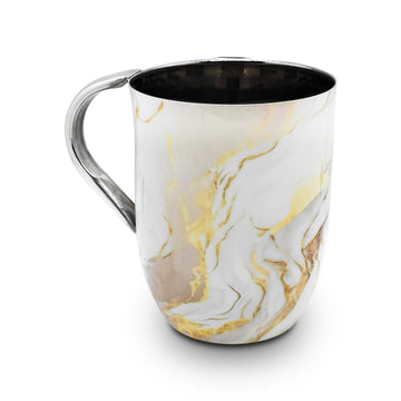 Washing Cup, Stainless Enamel, White and Gold Marble Design, front view