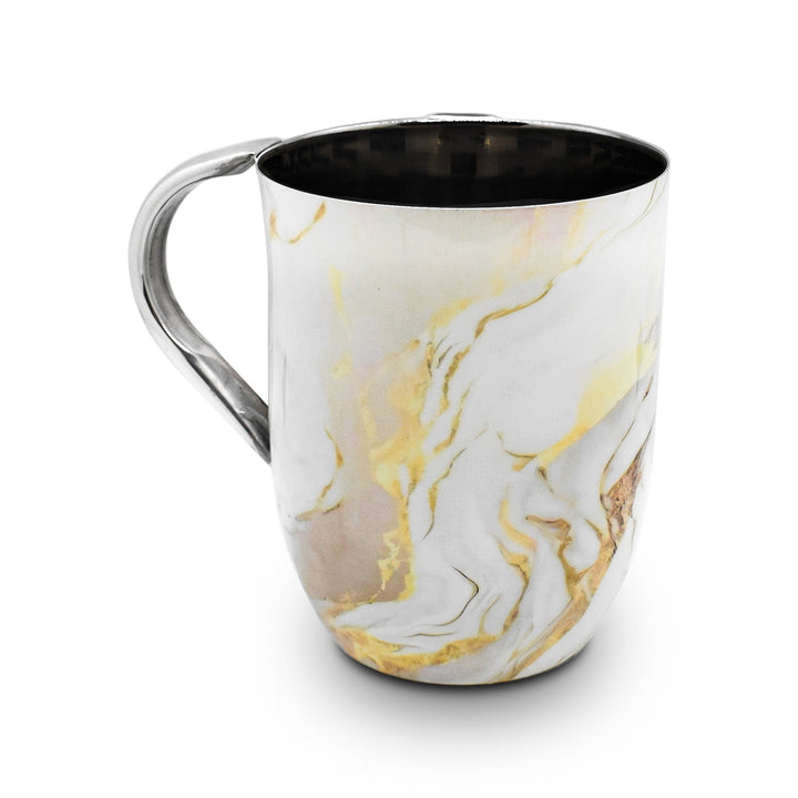 Washing Cup, Stainless Enamel, White and Gold Marble Design, front view