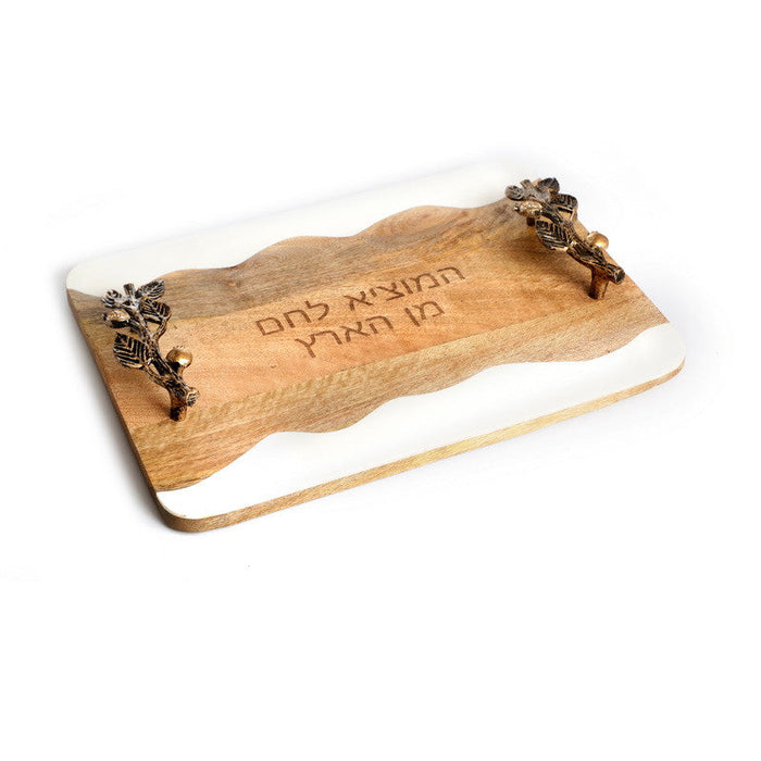 Wood Challah Board-White/Golden Leaf Handle Design 16"  (CB-X4883W)