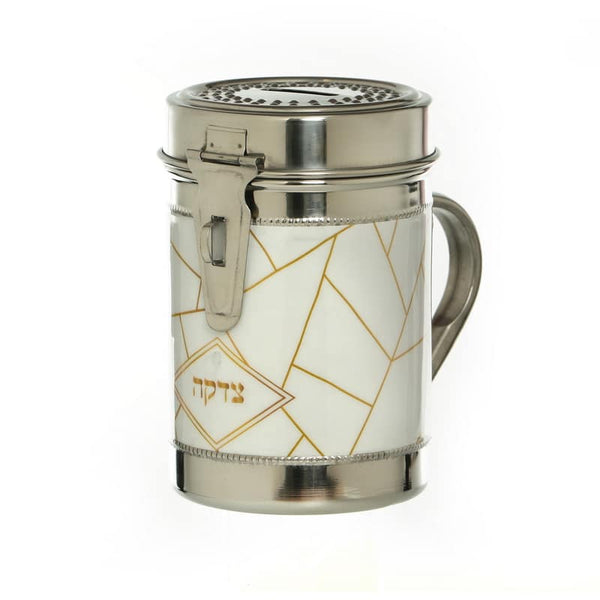 Stainless Steel  Art Deco Design Shul Tzedakah Box/Pushka-White/Gold (TZ-X4990W)