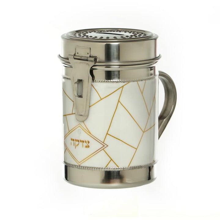 Stainless Steel Art Deco Design Shul Tzedakah Box/Pushka-White/Gold