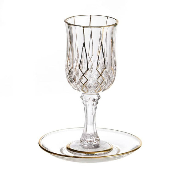 Crystal Kiddush Cup On Stem with Plate-Gold Rim-Gold Design (KC-X5353A)