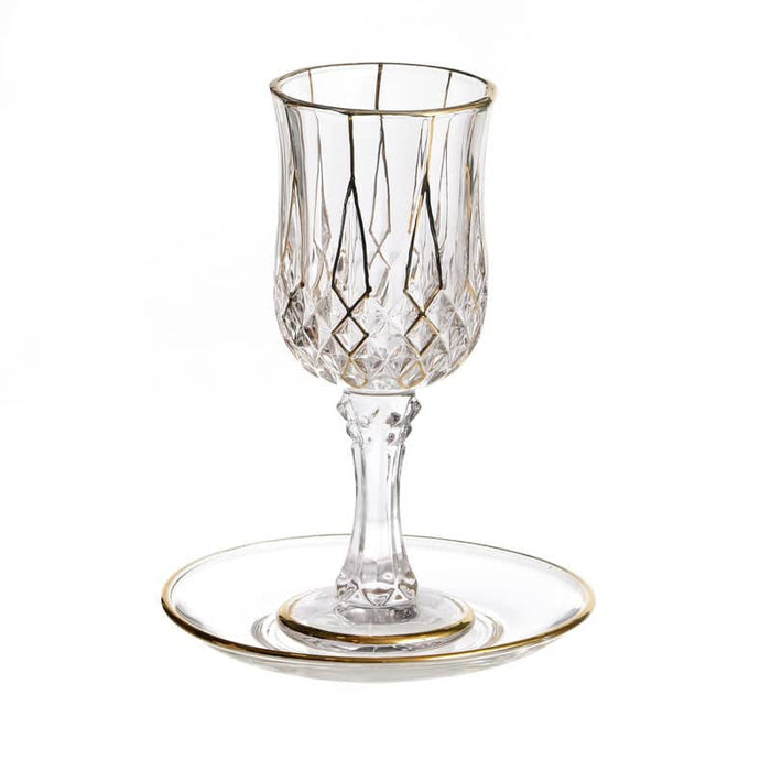 Crystal Kiddush Cup On Stem with Plate-Gold Rim-Gold Design (KC-X5353A)