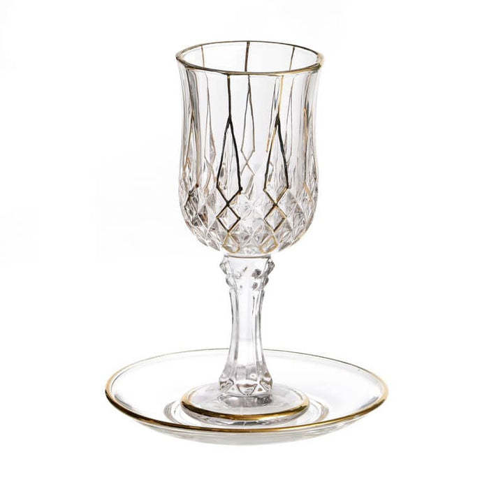 Crystal Kiddush Cup On Stem with Plate-Gold Rim-Gold Design
