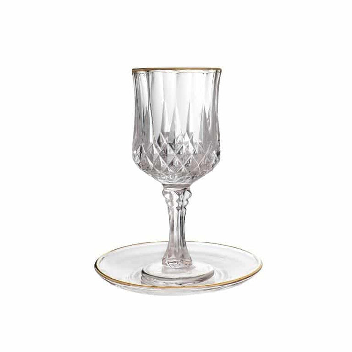 Crystal Kiddush Cup On Stem with Plate-Gold Rim