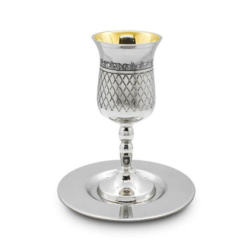 Silverplate Kiddush Cup On Stem with Plate-Jerusalem Pillows Design (KC-X5379)