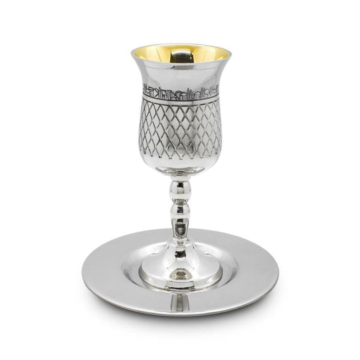 Silverplate Kiddush Cup On Stem with Plate-Jerusalem Pillows Design