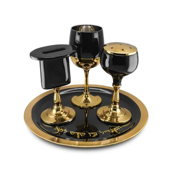 4 pc. Enamel Havdalla Set- Black And Gold Design