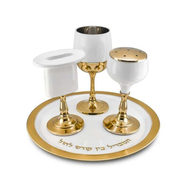 4 pc. Enamel Havdalla Set- White And Gold Design (HV-X5610W)