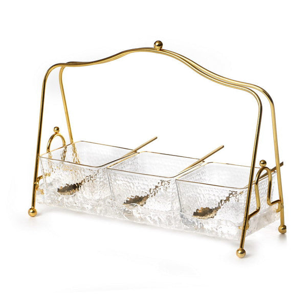 Square Dip Bowl  Set-3 Frosted Glasses on Stand W/ Spoons (SHB-X704K)