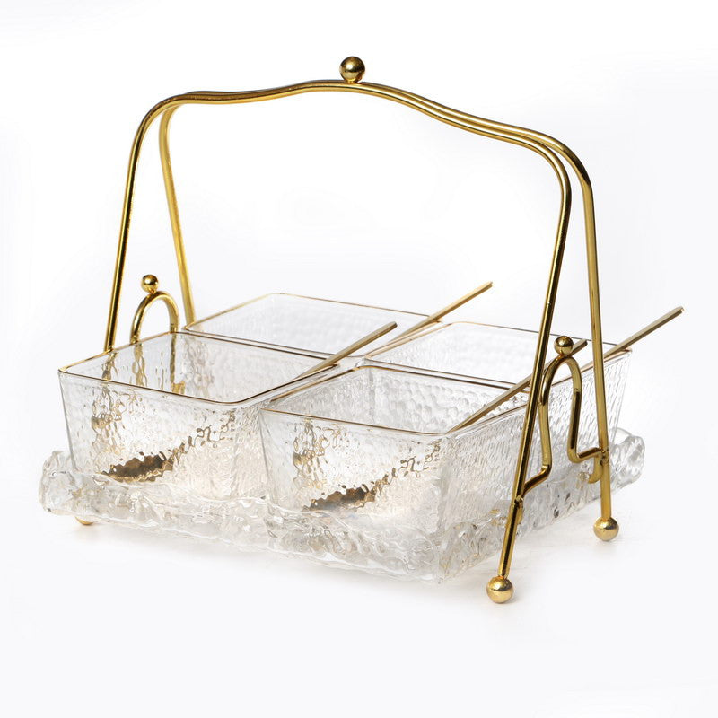 Square Dip Bowl  Set-4 Frosted Glasses on Stand W/ Spoons (SHB-X704)
