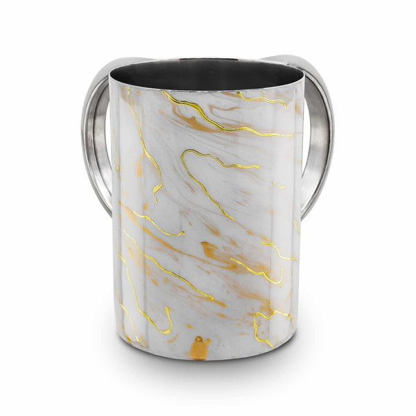 Stainless Steel Washcup-White With Gold Marble Design Silver Handles (WC-X5739)