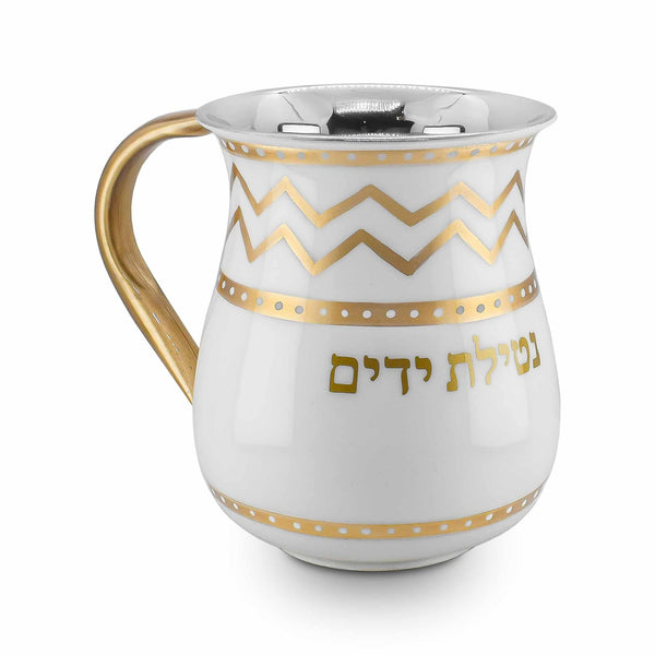 Stainless Steel Washcup-White With Gold Handles and Design-Rounded (WC-X5740A)