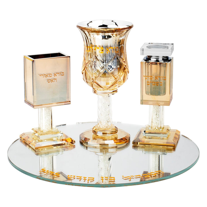 Crystal 3pc. Havdalla Set w/ Round mirror tray - Amber Design