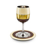 Kiddush Cup with Plate, Cream Enamel, Gold and Brown Design, angled view