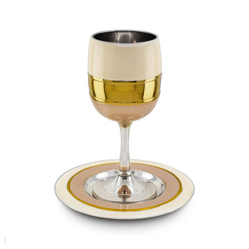 Kiddush Cup with Plate, Cream Enamel, Gold and Blush Design, angled view
