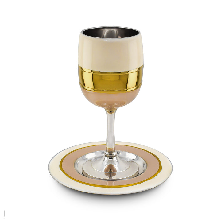 Kiddush Cup with Plate, Cream Enamel, Gold and Blush Design, angled view