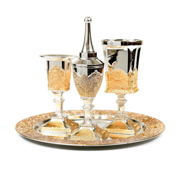 Silverplate 3pc Havdalla Set w/Plate-Gold-Filigree Design  (HV-X880Z)