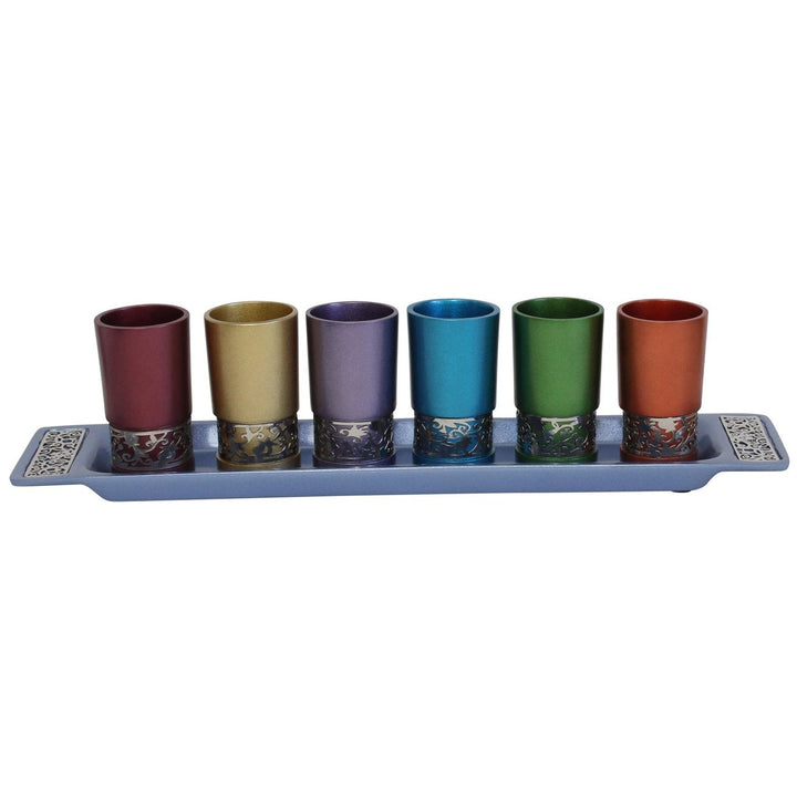 Liquor Cup Set with Tray, 6 Cups, Metal Cutout, Multicolor, 3 Inch Cups