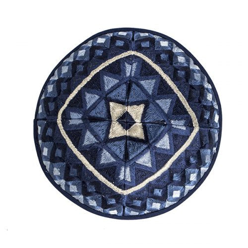 Emanuel Embroidered Kippah Geometric-- Blue