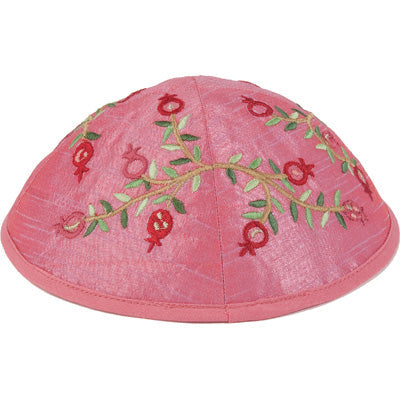 Embroidered Kippah Pomegranates PINK