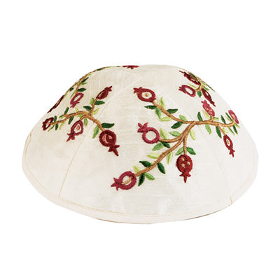 Emanuel Embroidered Kippah Pomegranates White - Red