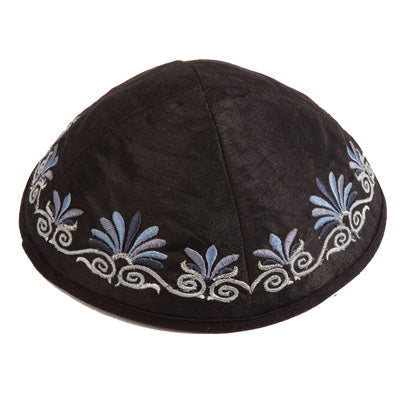 Embroidered Kippah Flowers BLACK