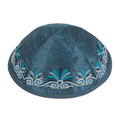 Embroidered Kippah Flowers BLUE