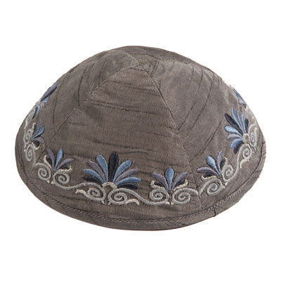 Embroidered Kippah Flowers GREY