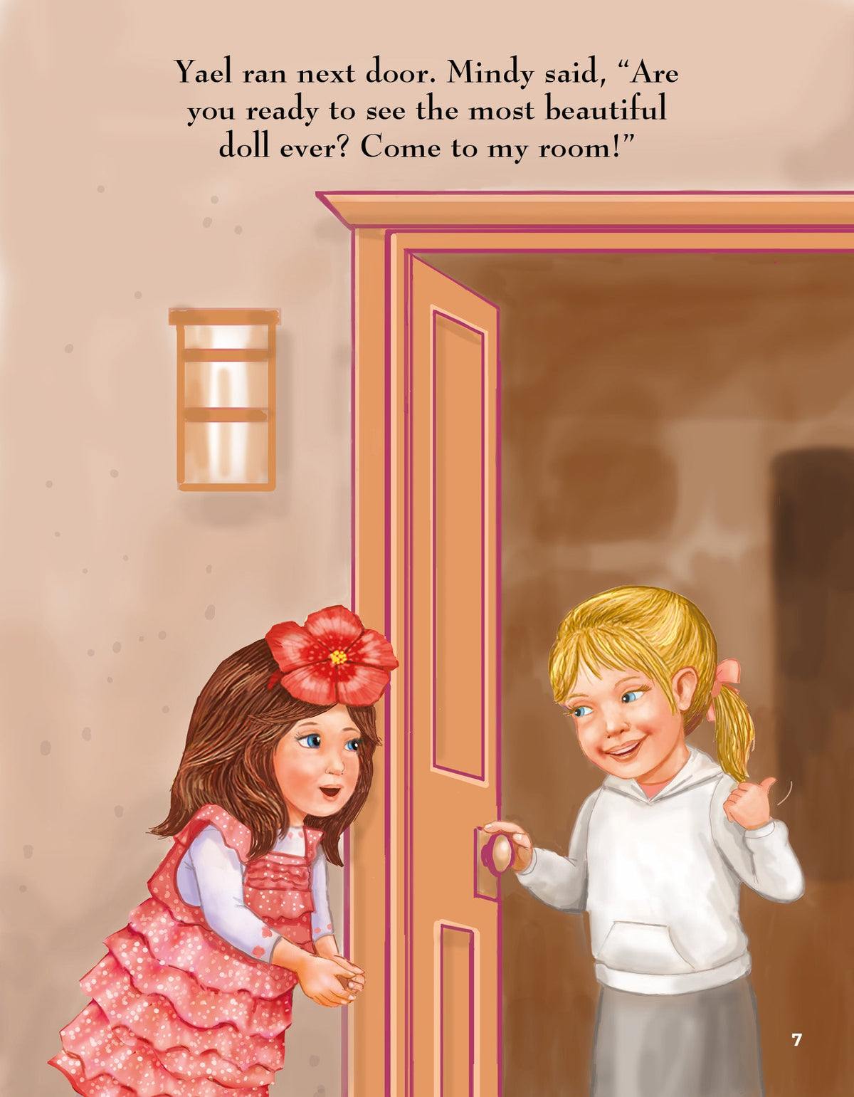 Illustrated page of Mindy inviting Yael in to see her new doll — Yael Says I'm Sorry (#16)