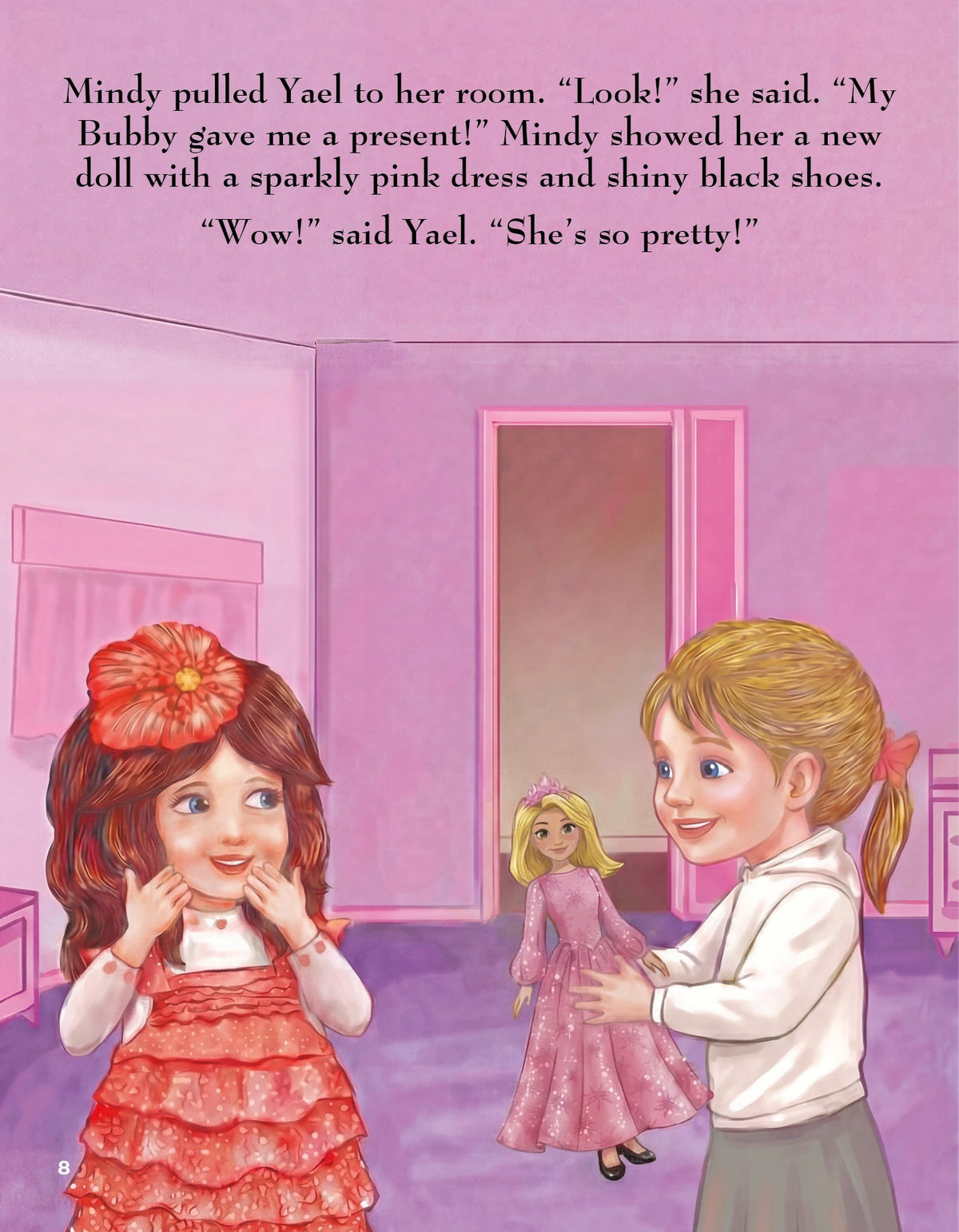 Illustrated page of Mindy showing Yael the new doll from her Bubby — Yael Says I'm Sorry (#16)