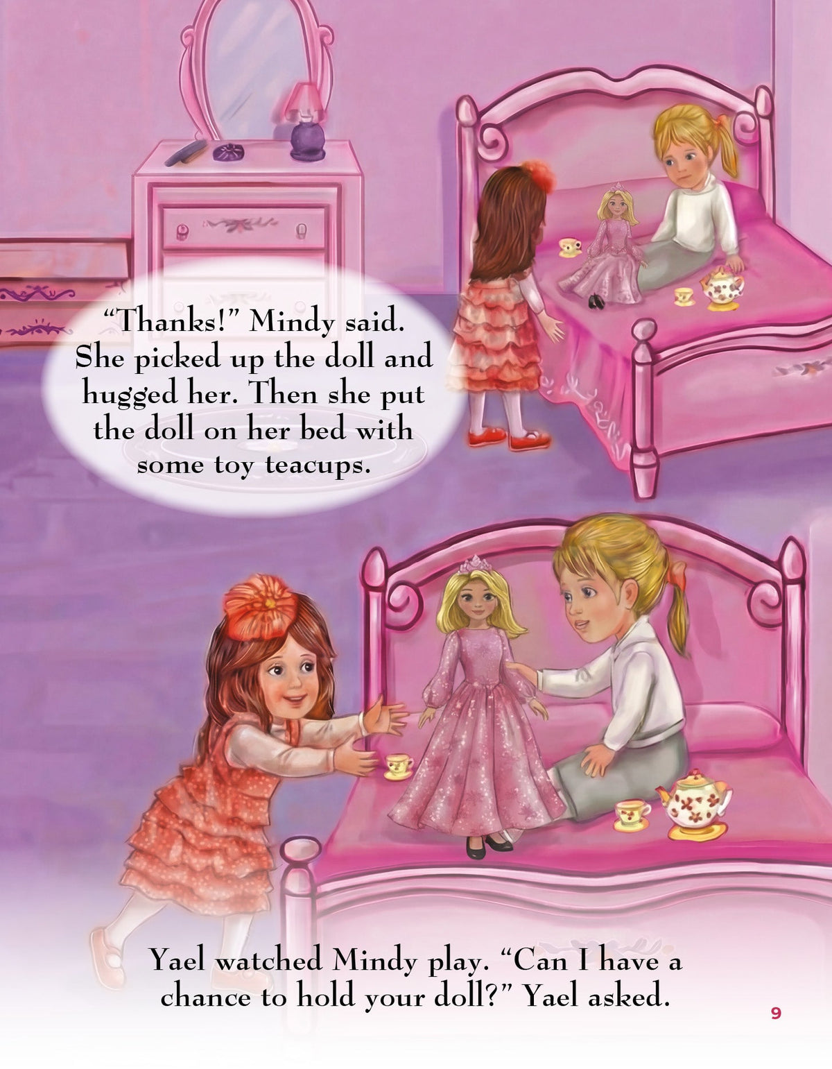 Illustrated page of Yael asking Mindy for a turn holding the new doll — Yael Says I'm Sorry (#16)