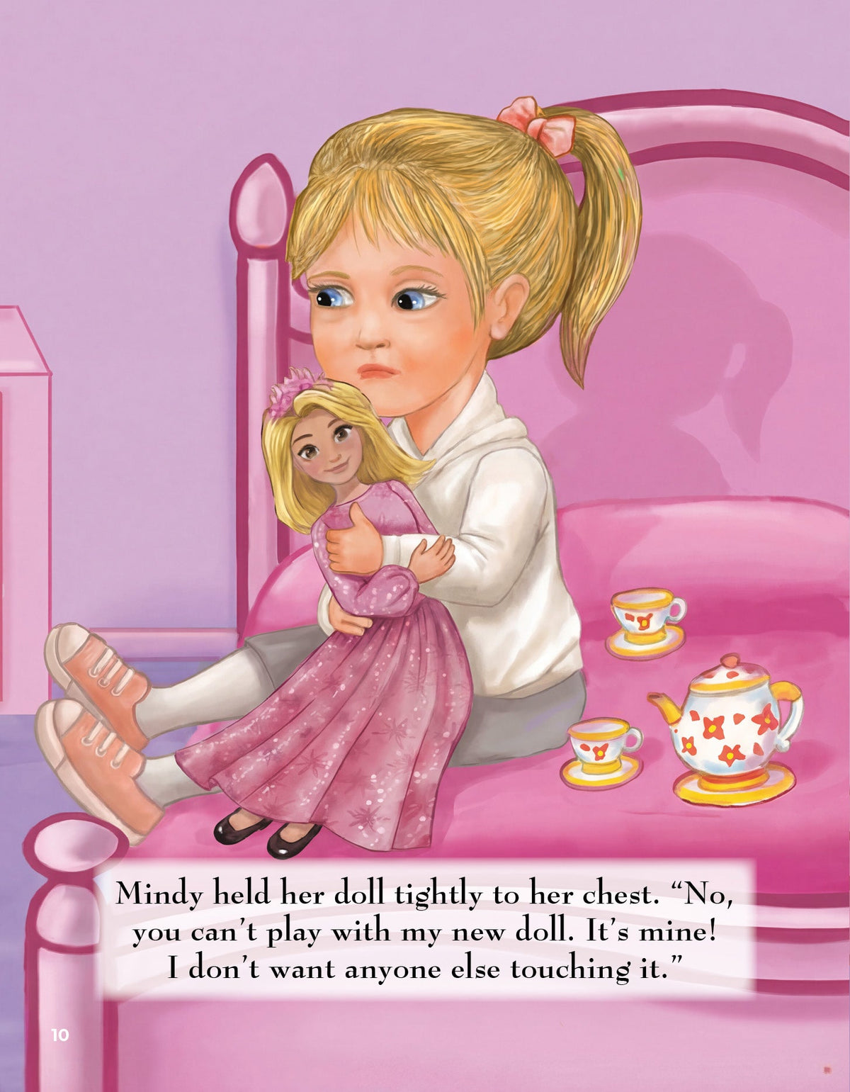 Illustrated page of Mindy clutching her doll and refusing to share — Yael Says I'm Sorry (#16)