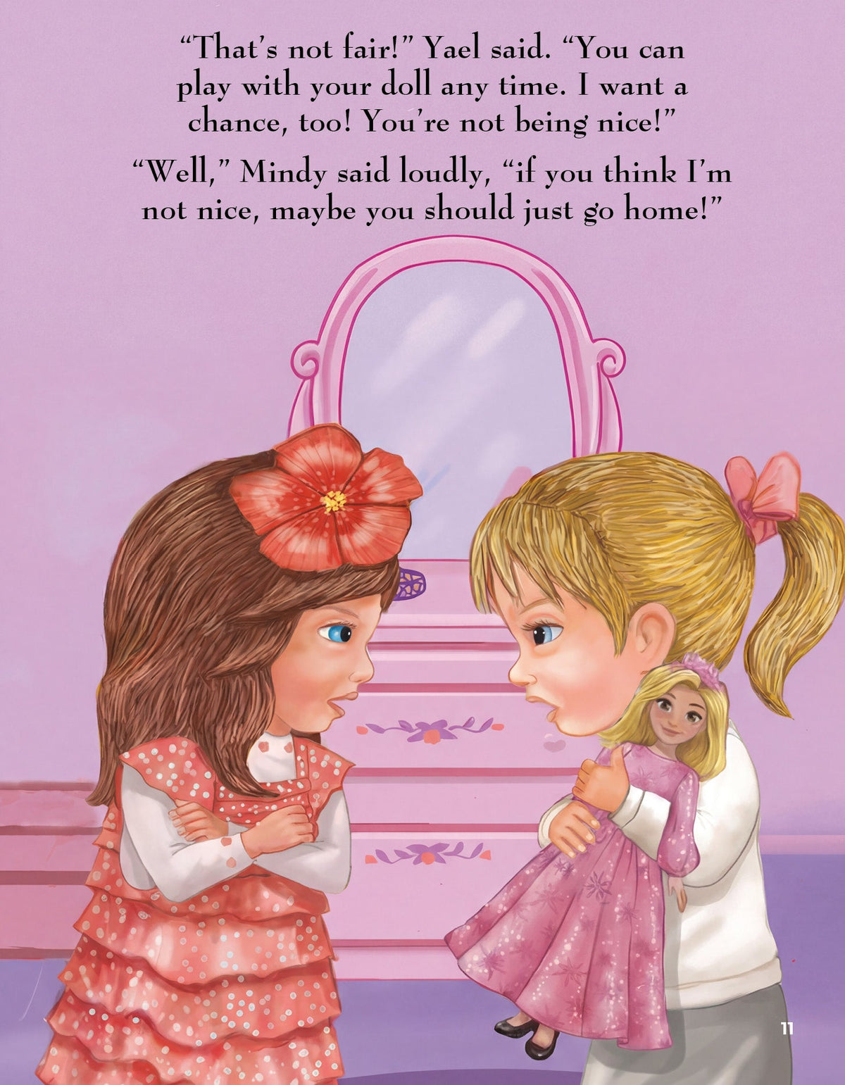 Illustrated page of Yael and Mindy arguing over sharing the doll — Yael Says I'm Sorry (#16)