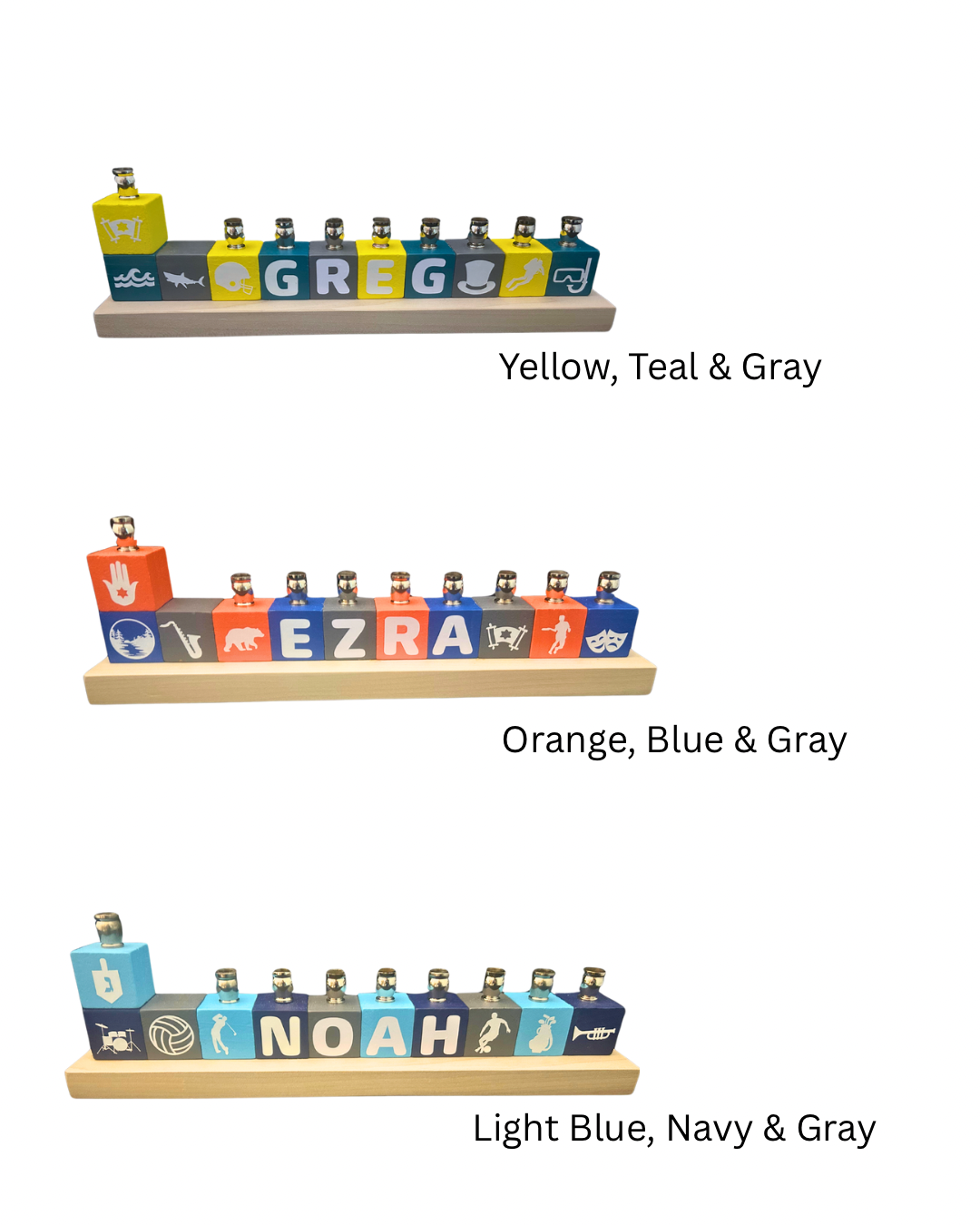 Personalized name block menorah — hand-painted blocks with vinyl letters and nickel cups | Judaica Square Lakewood (view 24)