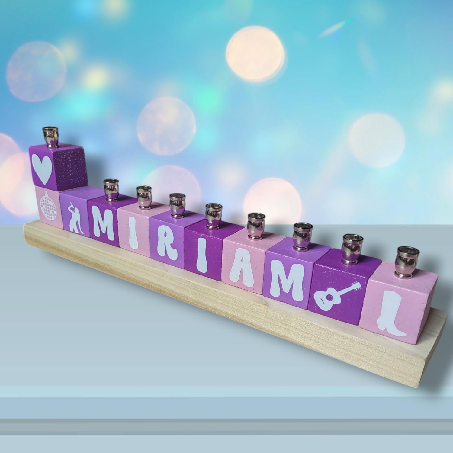 Swiftie menorah — personalized glitter name blocks in lavender with icons | Judaica Square Lakewood (view 5)