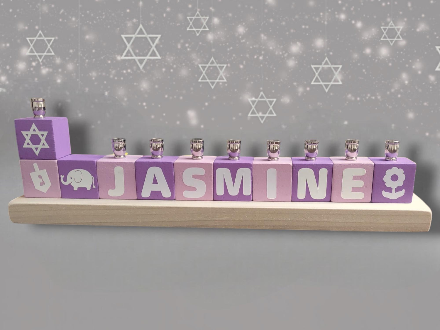 Personalized name block menorah — hand-painted blocks with vinyl letters and nickel cups | Judaica Square Lakewood (view 6)