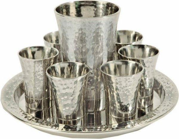 Nickel Kiddush Set - Cup + 6 Cups + Tray - Hammer work Silver