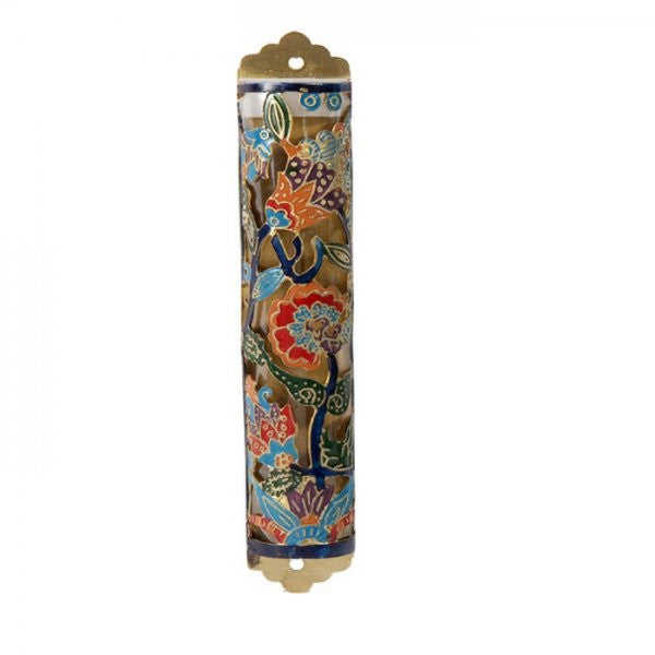 Laser Cut Hand Painted Mezuzah Large Flowers Multicolor (EM-MZC3MC)