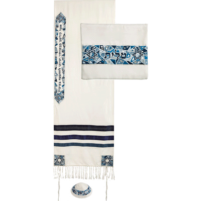 Embroidered Raw Silk Tallit - Magen David BLUE