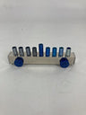 Hammered aluminum truck menorah with blue and silver cups and blue wheels
