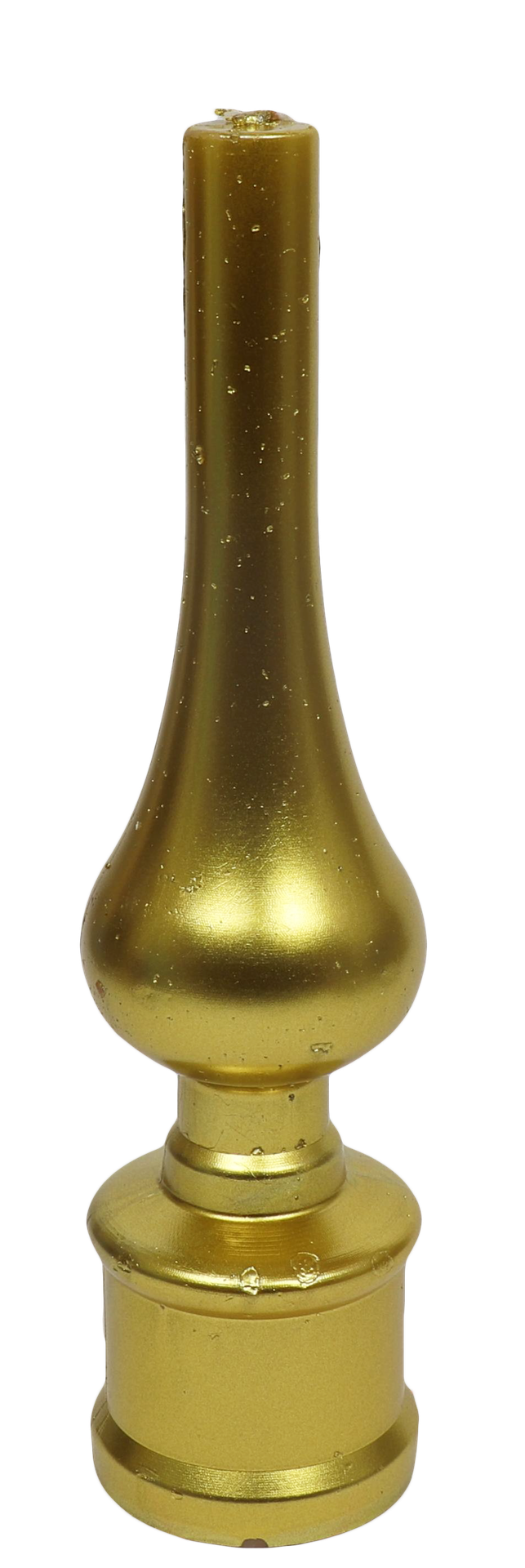 Metallic gold candle shaped like a slender lamp with pedestal base and teardrop body