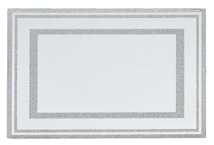 Rectangular mirror tray with two sparkling silver-tone broken-stone border bands, top view