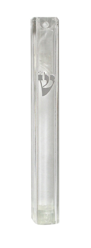 Clear Plastic Mezuzah Water Proof Silver Shin - 20 Cm — front | Judaica Square Lakewood
