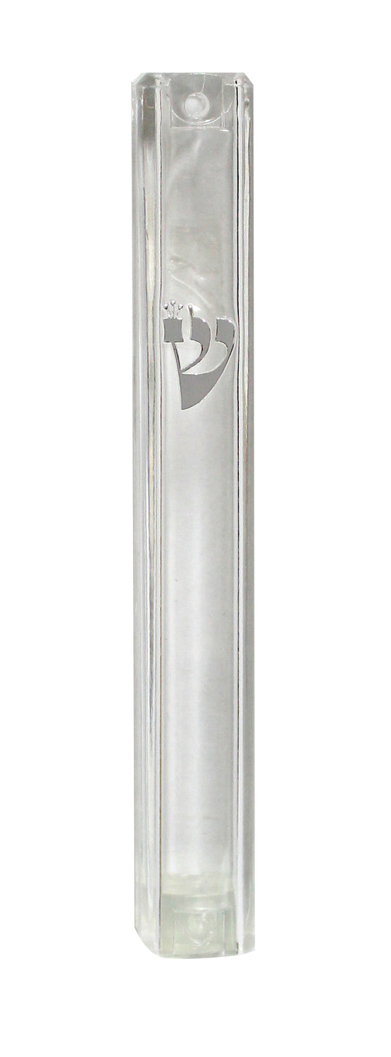 Long clear plastic mezuzah case with a silver shin near the top, front view